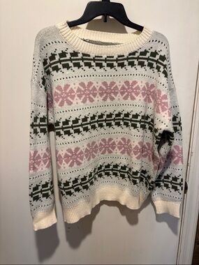 Women’s Cream Knit Sweater with Pink & Green Fair Isle Pattern